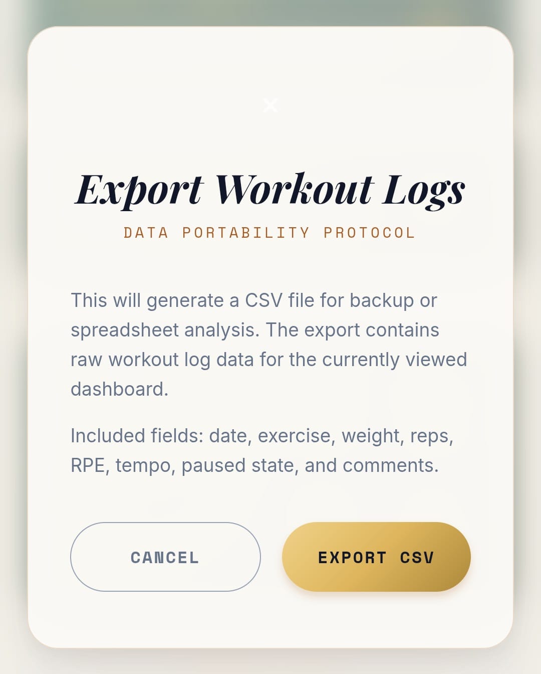 LuKul CSV export interface for workout log portability
