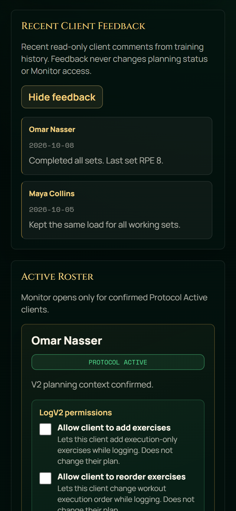 Omar and Maya’s recent workout notes in the mobile coach feedback panel