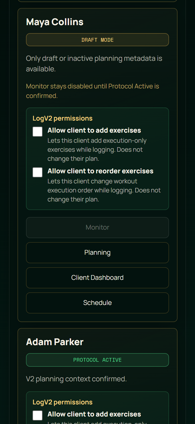 Maya’s draft plan with monitoring disabled, followed by Adam’s active plan