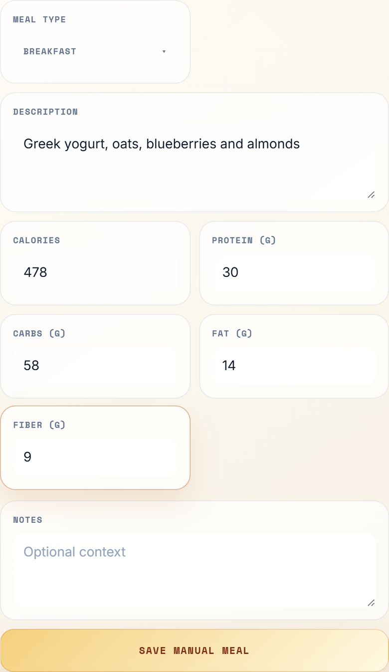 Manual breakfast entry with a meal description, 478 calories and macro values