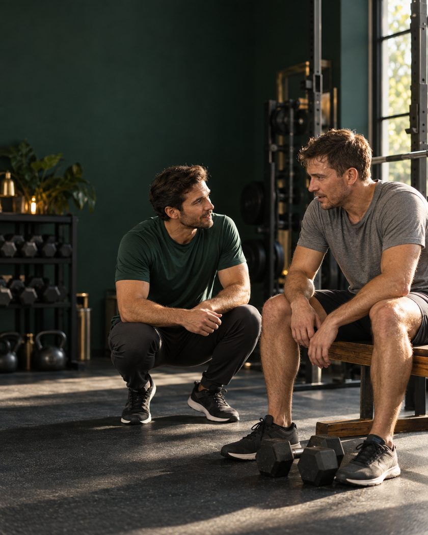 Two people talking beside a gym bench
