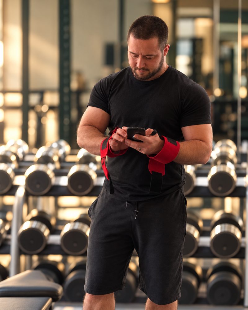 Illustration of Miloš Kulpinski holding a phone in a gym