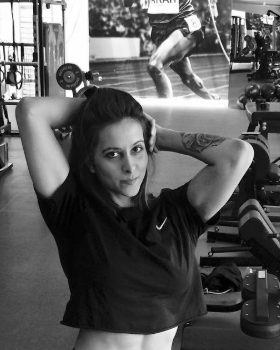 Ljupka Ljubišević in a gym, black and white portrait