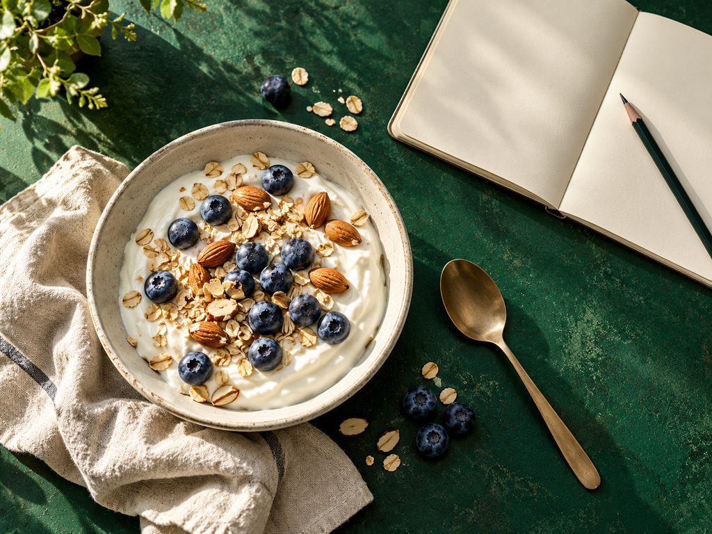 A breakfast bowl beside an open notebook