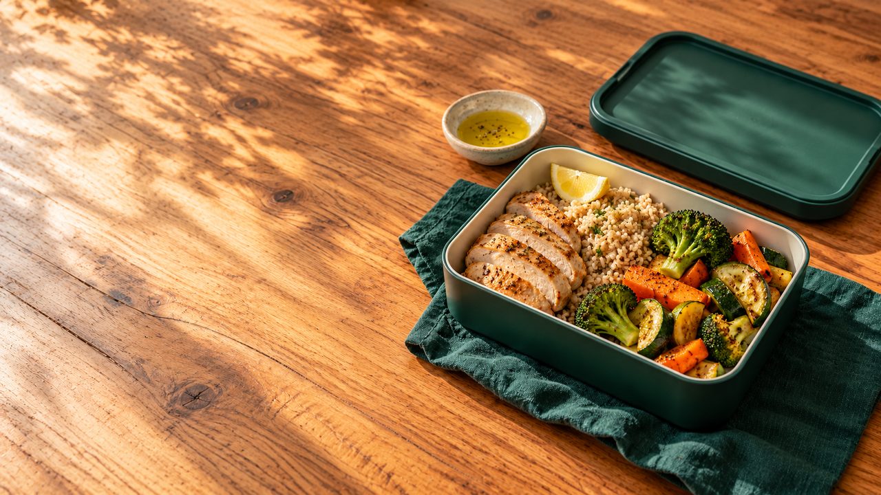 A packed lunch with chicken, grains and vegetables