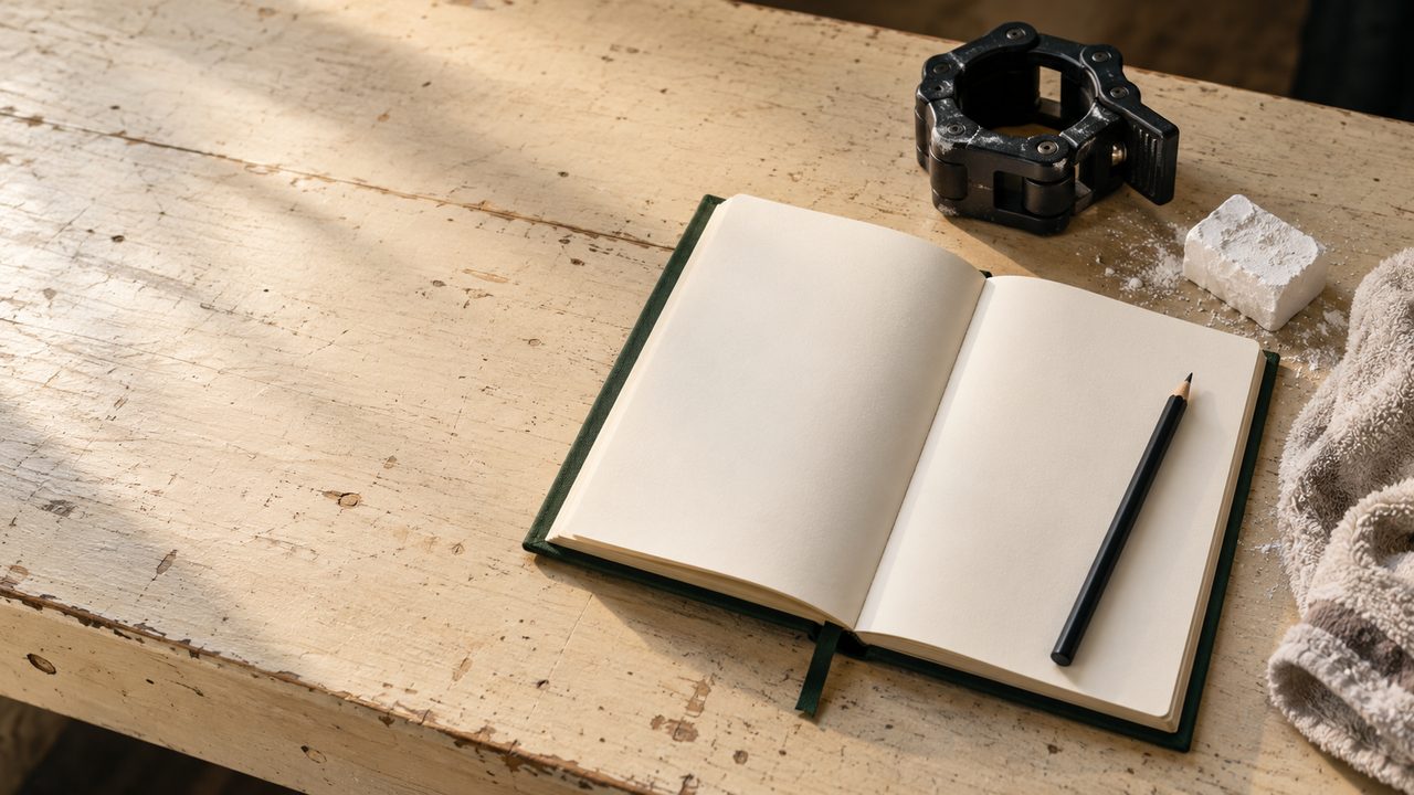 An open notebook, pencil and barbell collar on a wooden surface