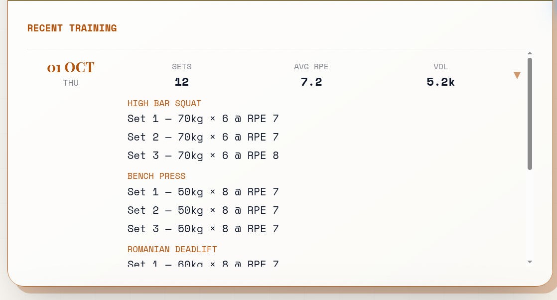 Completed session history showing squat and bench press sets