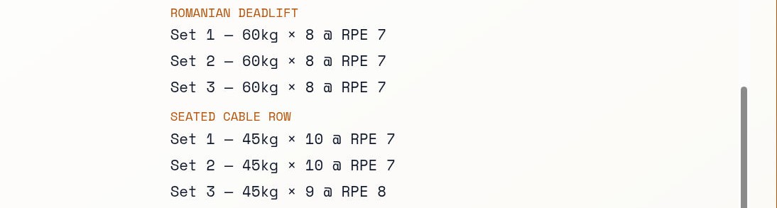 Recorded Romanian deadlift and seated cable row sets, with reps, weight and effort